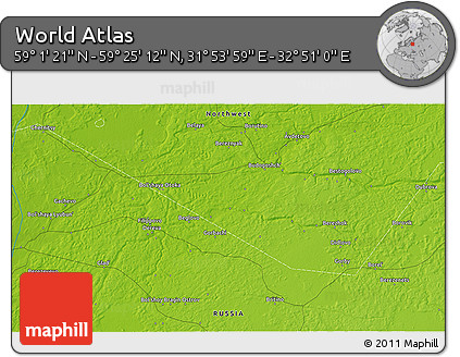 Physical 3D Map of the Area around 59° 13' 17" N, 32° 22' 30" E