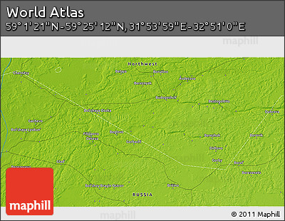 Physical 3D Map of the Area around 59° 13' 17" N, 32° 22' 30" E