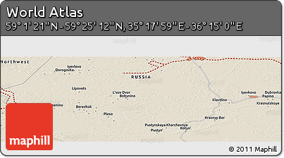 Shaded Relief Panoramic Map of the Area around 59° 13' 17" N, 35° 46' 29" E