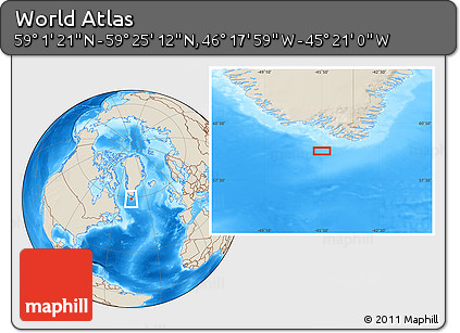 Shaded Relief Location Map of the Area around 59° 13' 17" N, 45° 49' 30" W