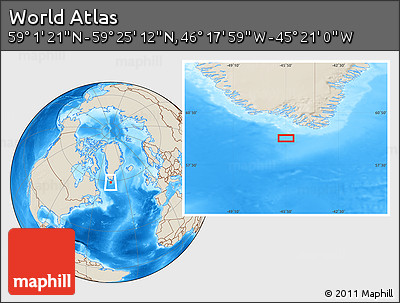 Shaded Relief Location Map of the Area around 59° 13' 17" N, 45° 49' 30" W