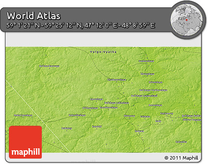 Physical 3D Map of the Area around 59° 13' 17" N, 47° 40' 29" E