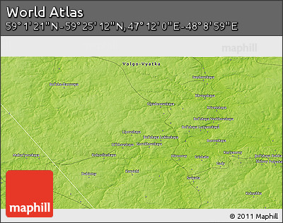 Physical 3D Map of the Area around 59° 13' 17" N, 47° 40' 29" E