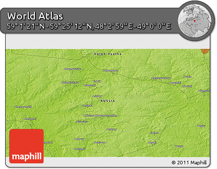 Physical 3D Map of the Area around 59° 13' 17" N, 48° 31' 29" E