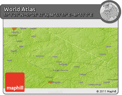 Physical 3D Map of the Area around 59° 13' 17" N, 49° 22' 30" E