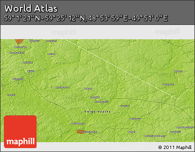 Physical 3D Map of the Area around 59° 13' 17" N, 49° 22' 30" E