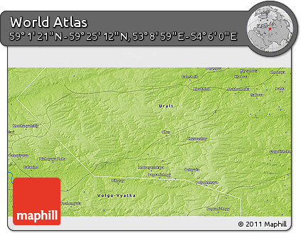 Physical 3D Map of the Area around 59° 13' 17" N, 53° 37' 30" E