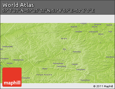 Physical 3D Map of the Area around 59° 13' 17" N, 53° 37' 30" E