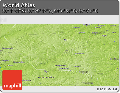 Physical 3D Map of the Area around 59° 13' 17" N, 53° 37' 30" E