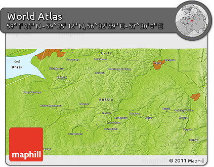 Physical 3D Map of the Area around 59° 13' 17" N, 57° 1' 29" E