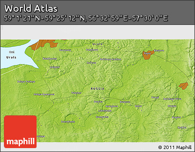 Physical 3D Map of the Area around 59° 13' 17" N, 57° 1' 29" E