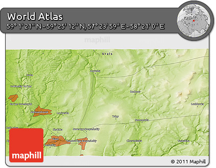 Physical 3D Map of the Area around 59° 13' 17" N, 57° 52' 30" E