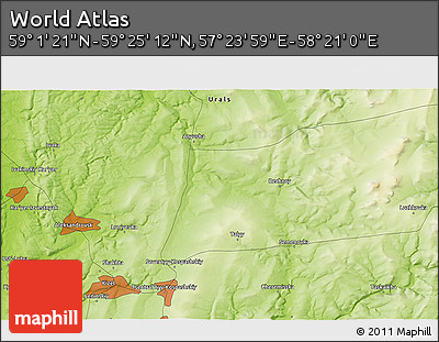 Physical 3D Map of the Area around 59° 13' 17" N, 57° 52' 30" E