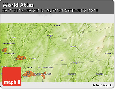 Physical 3D Map of the Area around 59° 13' 17" N, 57° 52' 30" E