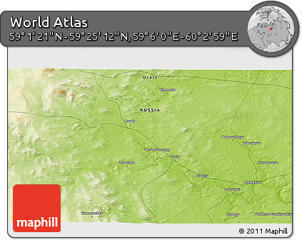 Physical 3D Map of the Area around 59° 13' 17" N, 59° 34' 30" E