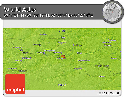 Physical 3D Map of the Area around 59° 13' 17" N, 62° 58' 30" E