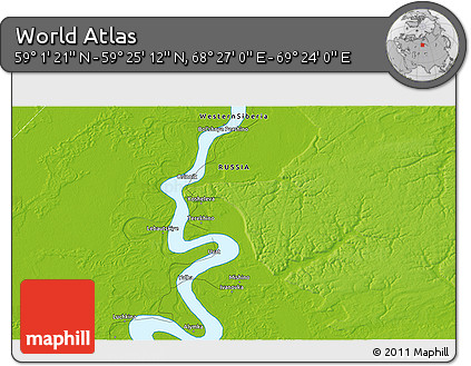 Physical 3D Map of the Area around 59° 13' 17" N, 68° 55' 30" E