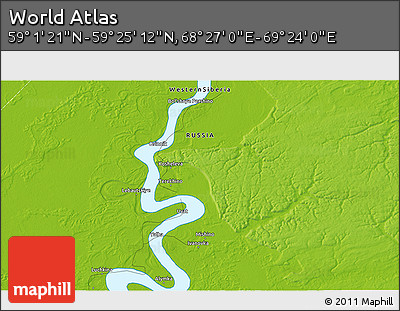 Physical 3D Map of the Area around 59° 13' 17" N, 68° 55' 30" E