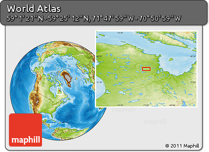 Physical Location Map of the Area around 59° 13' 17" N, 71° 19' 29" W