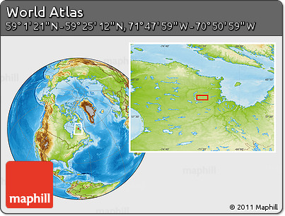 Physical Location Map of the Area around 59° 13' 17" N, 71° 19' 29" W