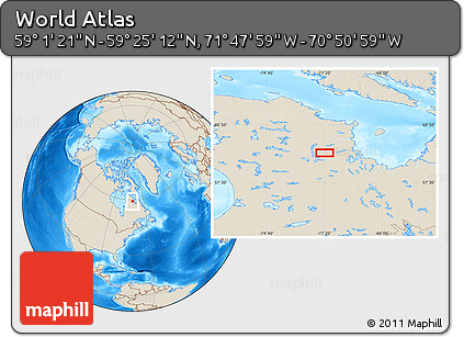 Shaded Relief Location Map of the Area around 59° 13' 17" N, 71° 19' 29" W