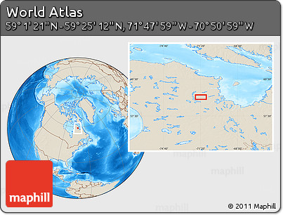 Shaded Relief Location Map of the Area around 59° 13' 17" N, 71° 19' 29" W