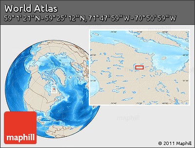 Shaded Relief Location Map of the Area around 59° 13' 17" N, 71° 19' 29" W