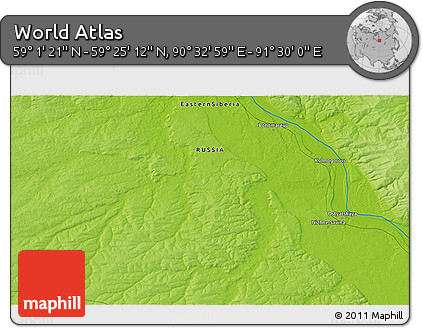 Physical 3D Map of the Area around 59° 13' 17" N, 91° 1' 30" E