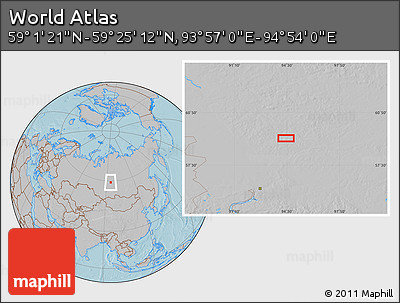 Gray Location Map of the Area around 59° 13' 17" N, 94° 25' 30" E, hill shading