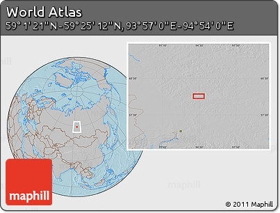 Gray Location Map of the Area around 59° 13' 17" N, 94° 25' 30" E, hill shading