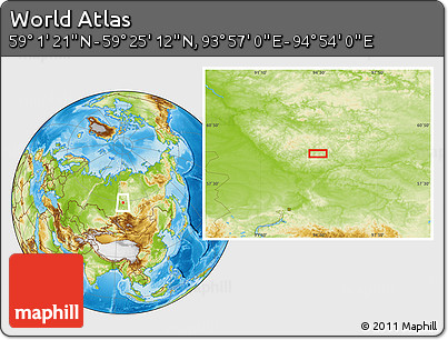 Physical Location Map of the Area around 59° 13' 17" N, 94° 25' 30" E