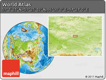 Physical Location Map of the Area around 59° 13' 17" N, 96° 58' 29" E