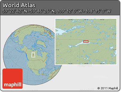Savanna Style Location Map of the Area around 59° 34' 34" N, 108° 43' 29" W, hill shading