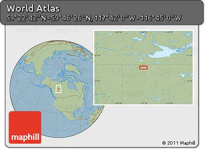 Savanna Style Location Map of the Area around 59° 34' 34" N, 117° 13' 29" W, hill shading