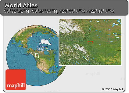 Satellite Location Map of the Area around 59° 34' 34" N, 123° 10' 30" W