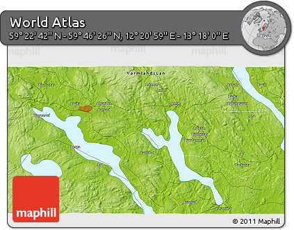 Physical 3D Map of the Area around 59° 34' 34" N, 12° 49' 29" E