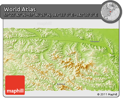 Physical 3D Map of the Area around 59° 34' 34" N, 142° 1' 30" E