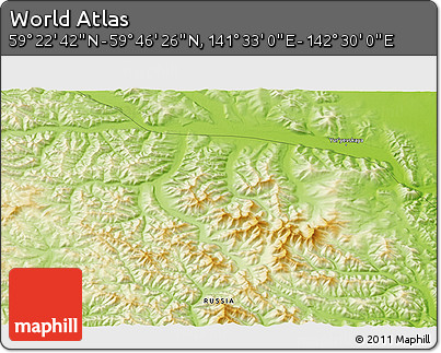 Physical 3D Map of the Area around 59° 34' 34" N, 142° 1' 30" E