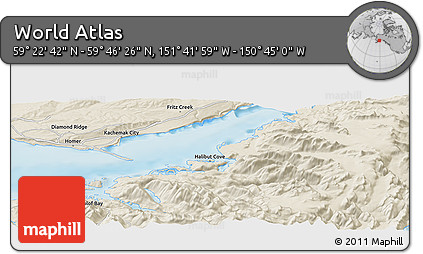 Shaded Relief Panoramic Map of the Area around 59° 34' 34" N, 151° 13' 29" W