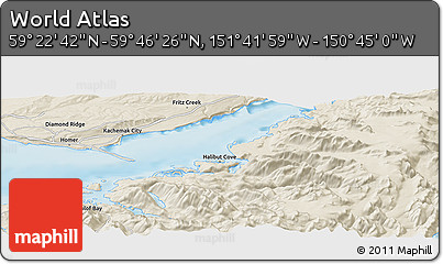 Shaded Relief Panoramic Map of the Area around 59° 34' 34" N, 151° 13' 29" W