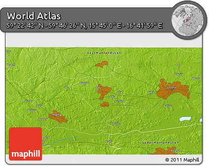 Physical 3D Map of the Area around 59° 34' 34" N, 16° 13' 30" E