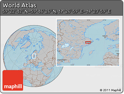 Gray Location Map of the Area around 59° 34' 34" N, 17° 55' 29" E, hill shading