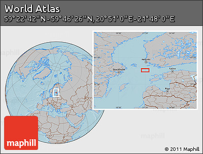 Gray Location Map of the Area around 59° 34' 34" N, 21° 19' 30" E, hill shading