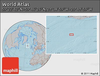 Gray Location Map of the Area around 59° 34' 34" N, 21° 10' 29" W, hill shading