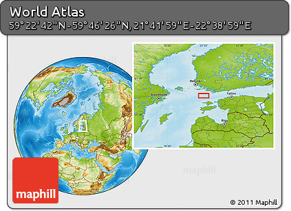 Physical Location Map of the Area around 59° 34' 34" N, 22° 10' 29" E