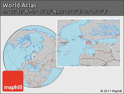 Gray Location Map of the Area around 59° 34' 34" N, 23° 1' 29" E