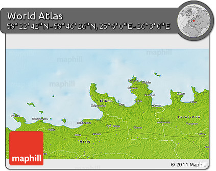 Physical 3D Map of the Area around 59° 34' 34" N, 25° 34' 30" E