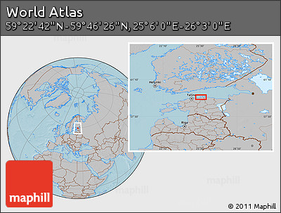 Gray Location Map of the Area around 59° 34' 34" N, 25° 34' 30" E, hill shading