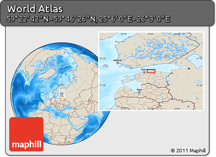 Shaded Relief Location Map of the Area around 59° 34' 34" N, 25° 34' 30" E