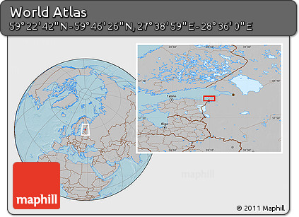 Gray Location Map of the Area around 59° 34' 34" N, 28° 7' 30" E, hill shading